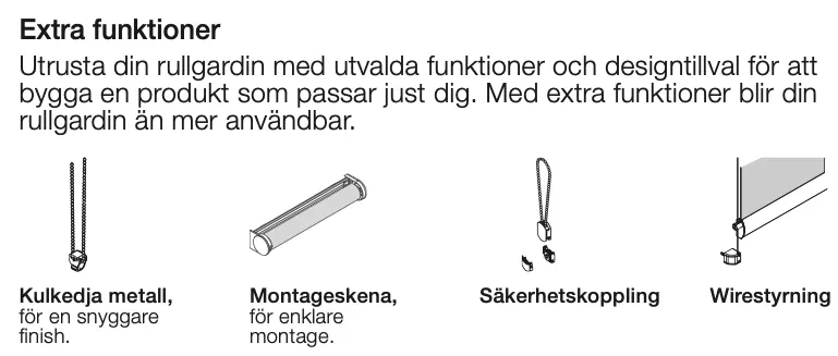 Diagram med funktioner för att anpassa rullgardin, inklusive metallkedja för finish, montagekit för enkel montering, säkerhetskoppling och wirestyrning.