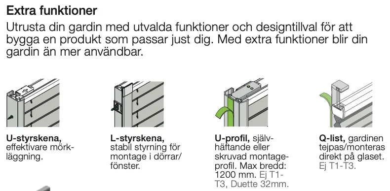 Informationsblad om extra funktioner för gardiner, inklusive U-styren, L-styren, U-profil och Q-list.