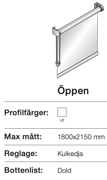 Bild av en motorfångare med ett öppningsalternativ, profilfärg vit, maximala mått 1800x2150 mm, reglagesystem kallkedja och bottenlist dold.