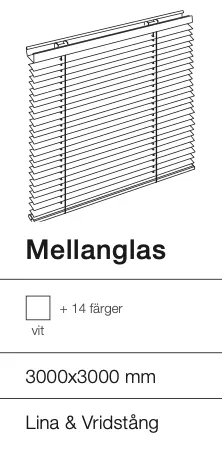 Illustration av en mörkläggningsgardin med snören, märke Mellanglas, storlek 3000x3000 mm, i vitt, för lin- och vridstyrning.