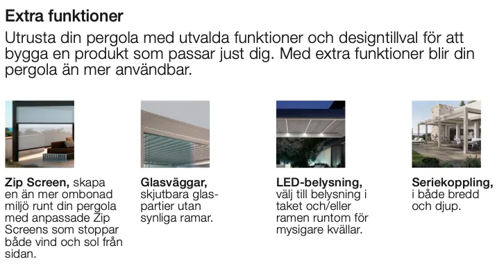 Information om tilläggsfunktioner för pergola, inklusive Zip Screen, glasväggar, LED-belysning och seriekoppling.