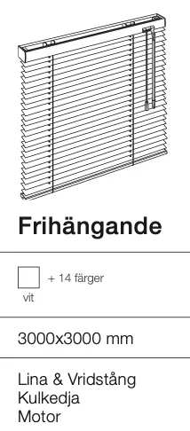 Fjärrkontroll med persienner, texten 'Frihängande', alternativ för 14 färger vit, mått 3000x3000 mm, och nämner Lina & Vridstång, Kulkedja, Motor.