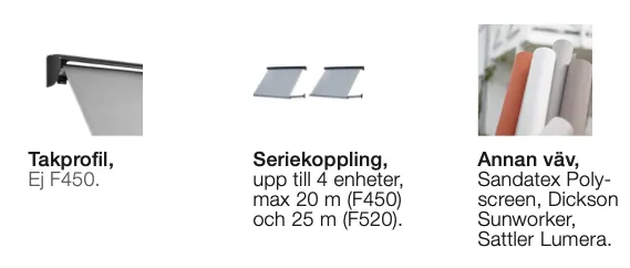 Tre bilder med tillhörande text som beskriver solskyddslösningar: en takprofil, seriekoppling möjlig för upp till 4 enheter, och olika typer av väv som Sandatex Polyscreen, Dickson Sunworker, och Sattler Lumera.
