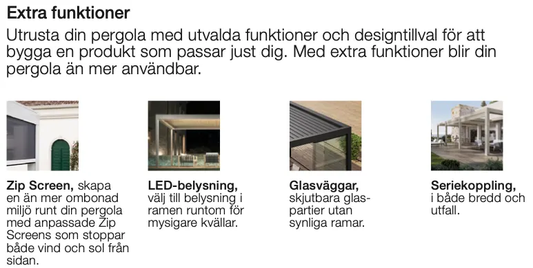 Informativ text om extra funktioner för pergola, inklusive Zip Screen, LED-belysning, glasväggar och seriekoppling, med tillhörande bilder.