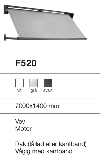 Solskärm i svart med måtten 700x1400 mm, väggmonterad med motor och rak fallriktning.