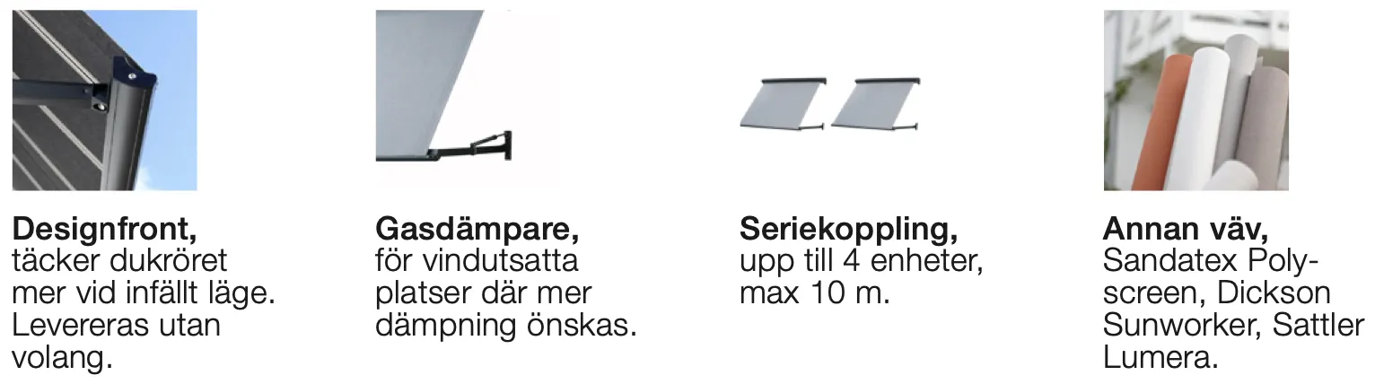 Fem bilder av markisefronter, gasldämpare, seriekopplingar och väv, med svensk beskrivning av produkter.