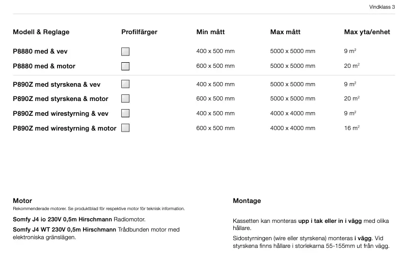 Tabell som visar modeller av ventilationsanläggningar och motoralternativ, med specifikationer för min och max mått samt maximal yta per enhet.