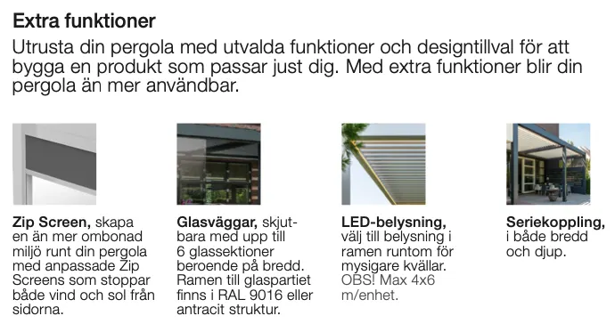 Bild som visar olika funktioner för utomhuspergola, inklusive Zip Screen, glasväggar, LED-belysning och seriekoppling.