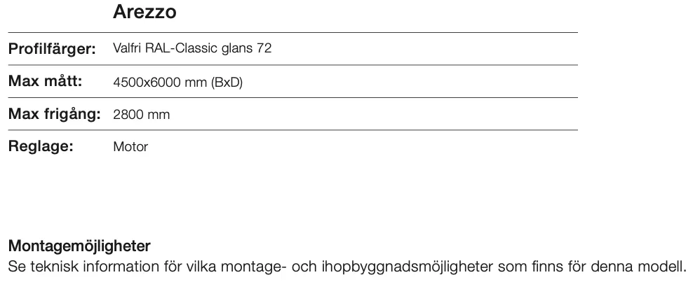 Teknisk specifikationsblad för Arezzo, inklusive färgkod, mått och reglage.
