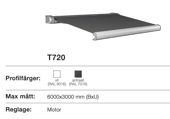 Teknisk specifikationstabell för T720 med motorreglage, svart profilfärg (RAL 7016), maximala dimensioner 6000x3000 mm, och en illustrerad mekanisk del.