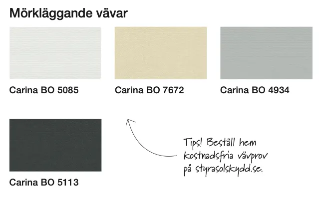 Fem prover av mörkläggande väv, färger från Carina BO i olika nyanser: 5085, 7672, 4934 och 5113, samt en handskriven notering om att beställa vävprov på styroskydd.se.