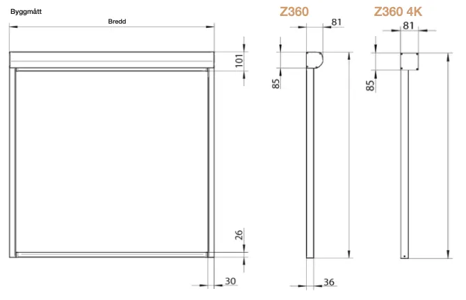 Diagram av en skåpmodul med dimensioner och mått för Z360 och Z360 4K modeller, inkluderar bredd, höjd och djup med detaljerad måttsättning.
