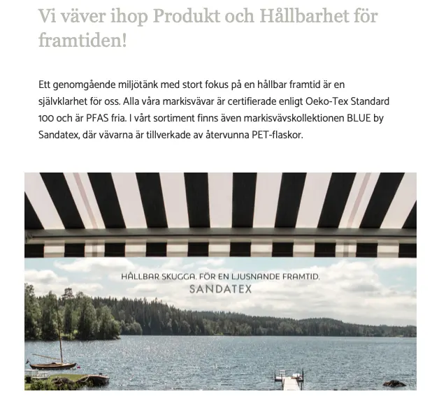 Text om miljövänlig markisväv och hållbarhet från Sandatex, med bild av en markis och utsikt över en sjö.