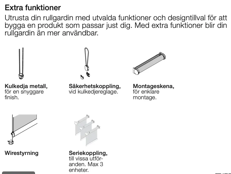 Illustration av extra funktioner för ett rullgardinsystem, inklusive metallkedja, säkerhetskoppling, montagekassett, väretryckning och seriekoppling.