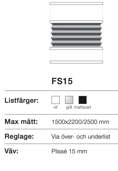 Teknisk diagram eller specifikation för en produkt, med färgval vit, grå och mattsvart, maxmått 1500x2200/2500 mm, justering via över- och underlister, väv på 15 mm.