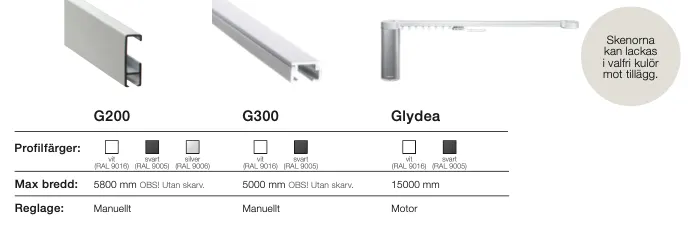 Gardinskenor, G200, G300, Glyde, med mått och färgalternativ
