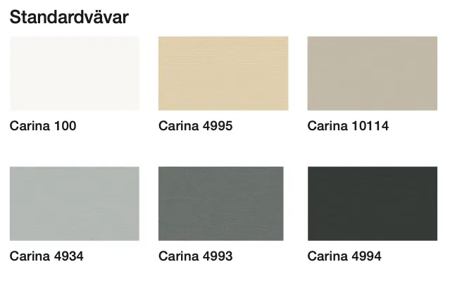 Fem färgprover av standardfärger från Carina-serien, inklusive Carina 100, 4995, 10114, 4934, 4993 och 4994.