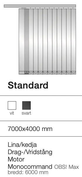 Skiss av ett fönster med svalbågiga vertikala jalusier, svart och vitt, dimension 7000x4000 mm, med beskrivning av material och funktioner.