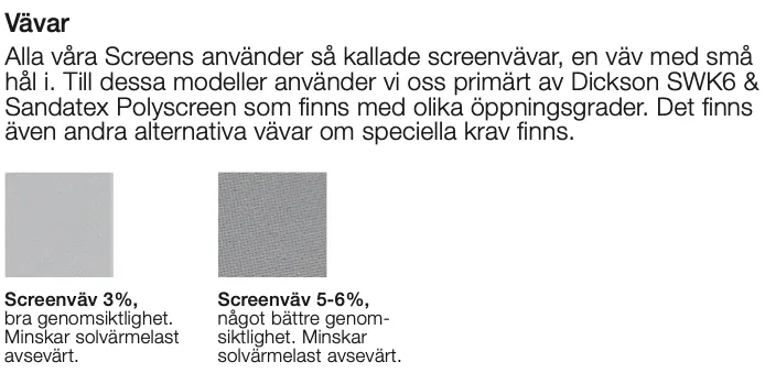 Bild som visar två olika vävar, Screenväv 3% och Screenväv 5-6%, för att demonstrera ljusfilter på skärmar. Den vänstra väven är ljusare än den högra.