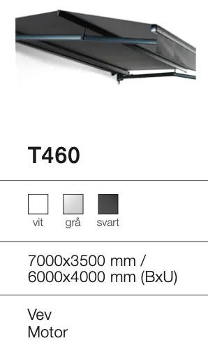 Terrassmarkis T460 med svart tak, mått 7000x3500 mm eller 6000x4000 mm, Väv, Motor.