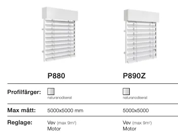 Två jalusier, P880 och P890Z, med vit färg och släta lameller, synts mot vit bakgrund. Specifikationer för färg, storlek och reglering visas.