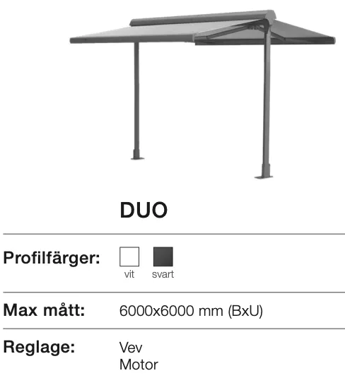 Tältstolpe med markis som kan justeras, i svart färg, med markis beroende av motor eller manuell reglering.