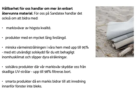 Marknadsföring av Sandatex, som fokuserar på hållbarhet, kvalitet och livslängd. Texten beskriver hur deras markisvävar minskar värme och skyddar mot UV-strålar. Bilden visar tygprover i sandmiljö.