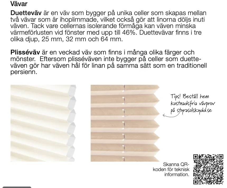 Bild av två typer av trävävar, en vit väv och en naturlig träfärgad väv, med en QR-kod i hörnet. Text erbjuder information om vävtyper och tips för kostnadsfri vävprov beställning.