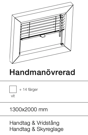 Ritning av en handmanövrerad fönsterlucka med handtag och vridstång för vinterskydd, med dimensioner 1300x2000 mm.