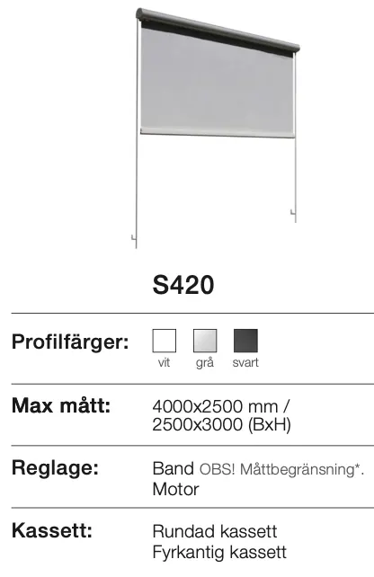 En solskärm med mekanism och textbeskrivning av egenskaper, modell S420, färgalternativ vit, grå och svart, med mått och reglering