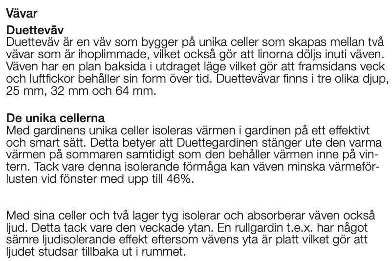 Textbeskrivning av vävar och deras celler, inklusive olika djup på cellerna och deras isolerande egenskaper.