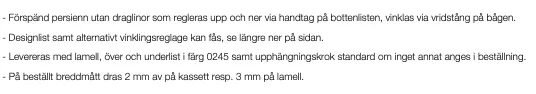 Textlista på svenska med punkter om persienner, design, leverans och montering.