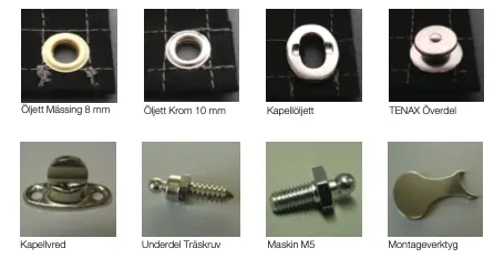 Bild med olika metallkomponenter och verktyg inklusive mässingsöljetter, kromöljetter, kapellöljetter, TENAX-överdelen, kapellvred, underdel träsruv, M5-maskin och ett monteringsverktyg.
