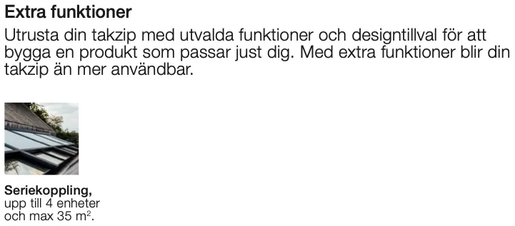 Bild av ett tak med solpaneler, del av en instruktion om extra funktioner för takterrass, inklusive serieanslutning för fyra enheter och maximalt 35 m².