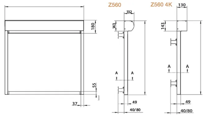 Teknisk ritning av en panel med mått och diagram för Z560 och Z560 4K modeller.