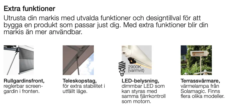 Beskrivning av extra funktioner för markisolering, inklusive reglerbar skärmgardin, teleskopstängning, LED-belysning och terrassvärmare.