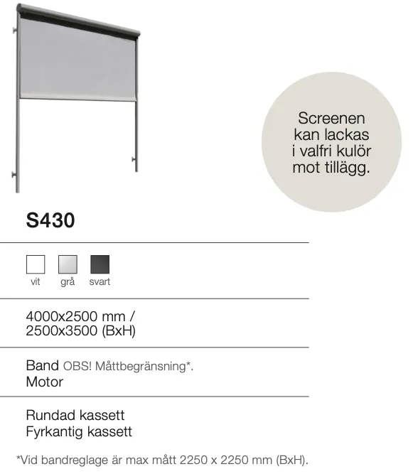 Teknisk ritning screenmarkis i svart, grå och vit färg, med mått 4000x2500 mm eller 2500x3500 mm, och information om band och motor.