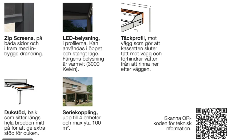 Infografik som visar olika delar av ett utomhuskök, inklusive zip-skärmar, LED-belysning, takprofil, bänkskiva, seriekoppling av enheter och en QR-kod för mer information.
