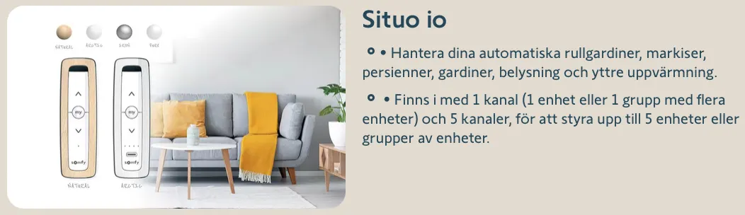 Reklam för fjärrkontroller "Situo io" med olika färger samt en soffa och text om funktioner för automatisering av hem.